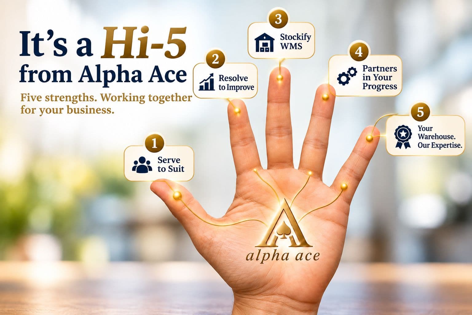 The Alpha Ace Hi-5 — five strengths shown on a hand: Serve to Suit, Resolve to Improve, Stockify WMS, Partners in Your Progress, and Your Warehouse, Our Expertise.