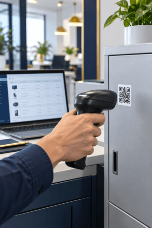 QR label on a storage cabinet being scanned to confirm its link to the asset register